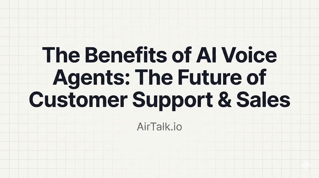 The Benefits of AI Voice Agents: The Future of Customer Support & Sales Minimalist blog header image with the title “The Benefits of AI Voice Agents: The Future of Customer Support & Sales” displayed in a clean, modern font on a simple professional background.