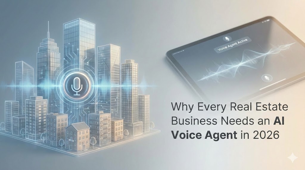 Modern real estate and AI themed blog header image showing city buildings with subtle AI Voice Agent for Real Estate elements and minimal typography.